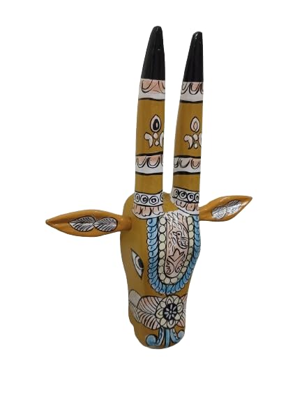 Wooden Handmade Colorful Ethnic Indian Art Nandi | Bull | Cow | head | face mask for wall decor. 12” long in brown color